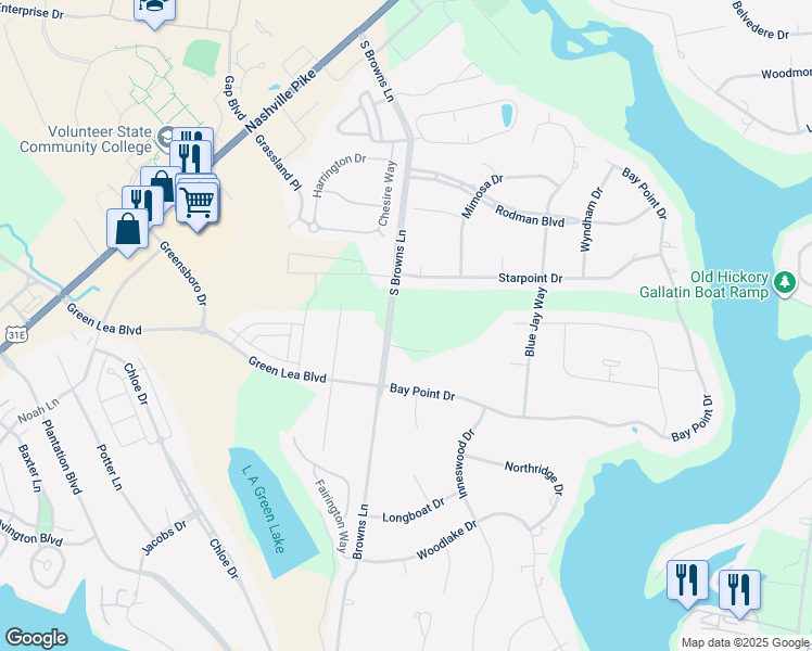 map of restaurants, bars, coffee shops, grocery stores, and more near 1031 South Browns Lane in Gallatin