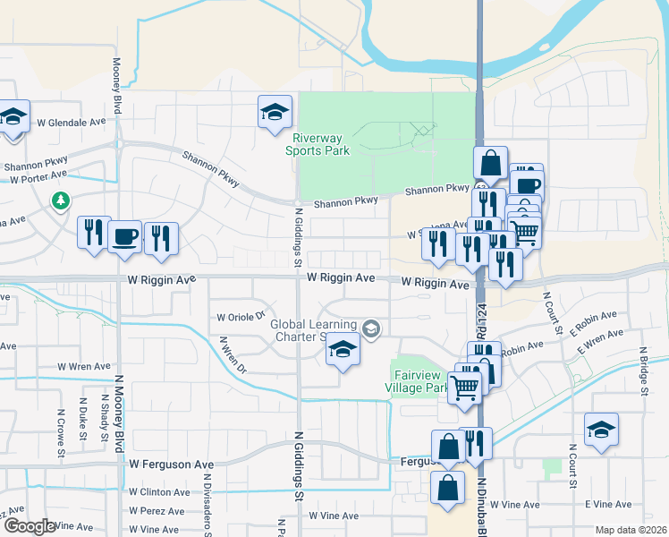 map of restaurants, bars, coffee shops, grocery stores, and more near 1109-1125 West Riggin Avenue in Visalia