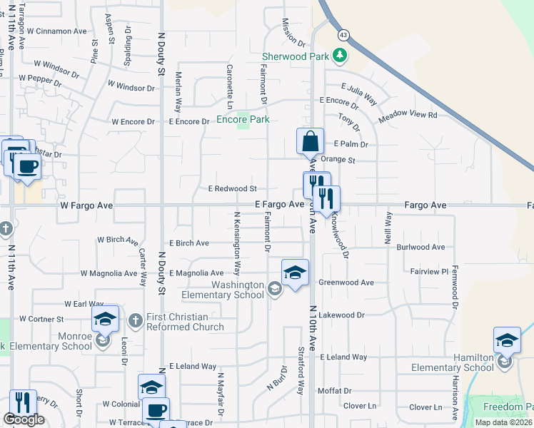 map of restaurants, bars, coffee shops, grocery stores, and more near 499 Cedar Street in Hanford