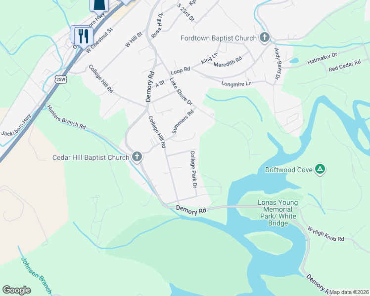 map of restaurants, bars, coffee shops, grocery stores, and more near 310 College Park Drive in LaFollette