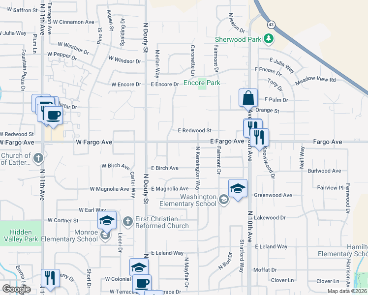 map of restaurants, bars, coffee shops, grocery stores, and more near 2487 Santa Lucia Ct in Hanford