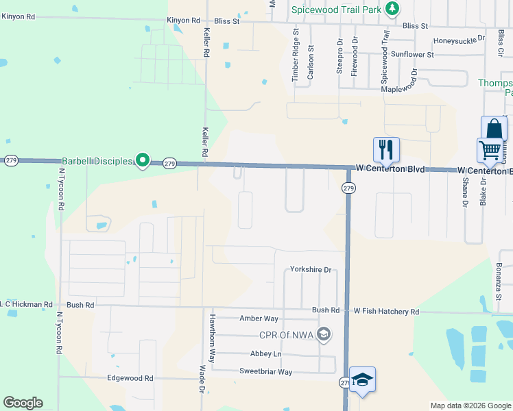 map of restaurants, bars, coffee shops, grocery stores, and more near 1577 W Centerton Boulevard in Centerton