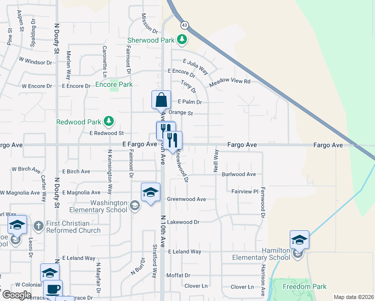 map of restaurants, bars, coffee shops, grocery stores, and more near 789 East Fargo Avenue in Hanford