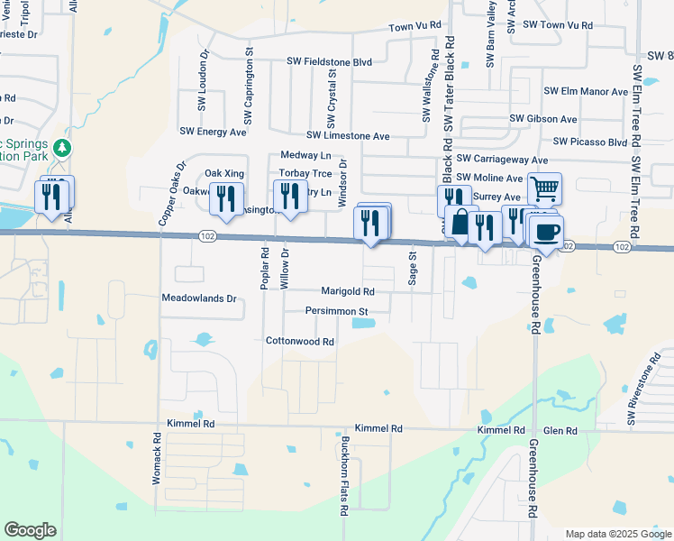 map of restaurants, bars, coffee shops, grocery stores, and more near Marigold Rd in Centerton