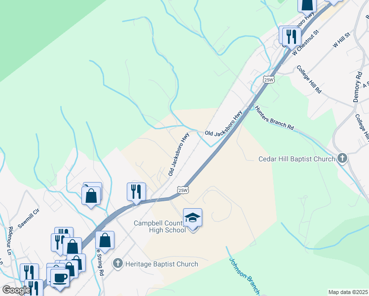 map of restaurants, bars, coffee shops, grocery stores, and more near 1805 Old Jacksboro Highway in LaFollette