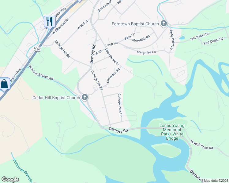 map of restaurants, bars, coffee shops, grocery stores, and more near 310 College Park Drive in LaFollette
