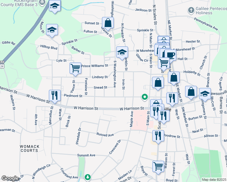 map of restaurants, bars, coffee shops, grocery stores, and more near 406 South Washington Avenue in Reidsville