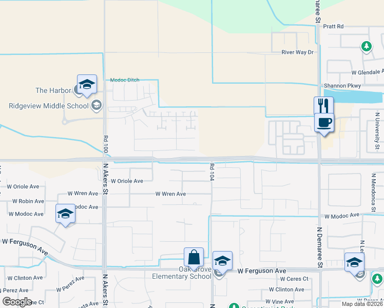 map of restaurants, bars, coffee shops, grocery stores, and more near 4613 West Payson Court in Visalia