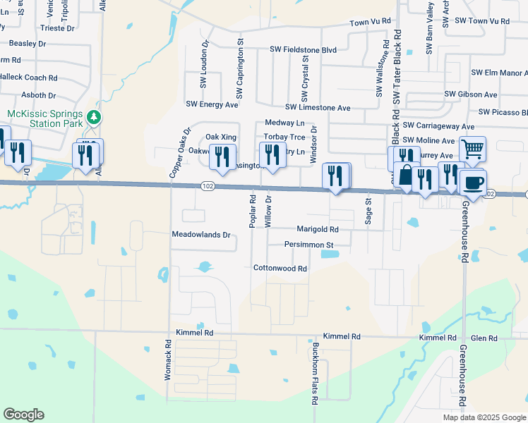 map of restaurants, bars, coffee shops, grocery stores, and more near 140 Willow Drive in Centerton