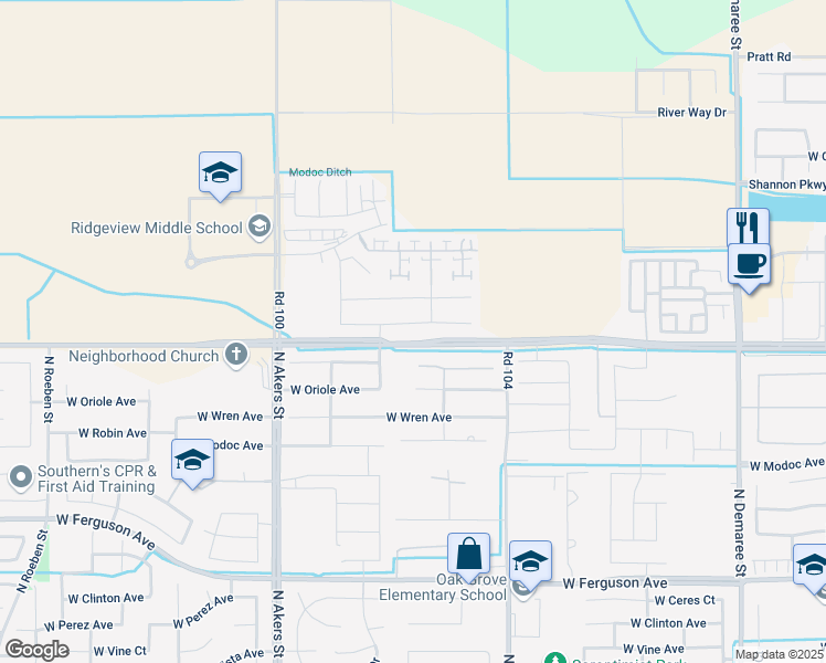 map of restaurants, bars, coffee shops, grocery stores, and more near 5007-5009 West Riggin Avenue in Visalia