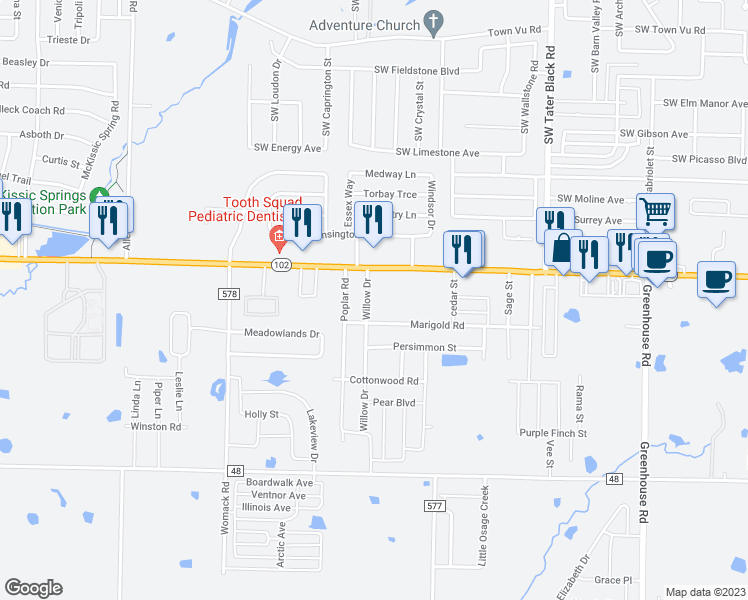 map of restaurants, bars, coffee shops, grocery stores, and more near 141 Willow Drive in Centerton