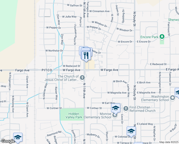 map of restaurants, bars, coffee shops, grocery stores, and more near 661 West Fargo Avenue in Hanford