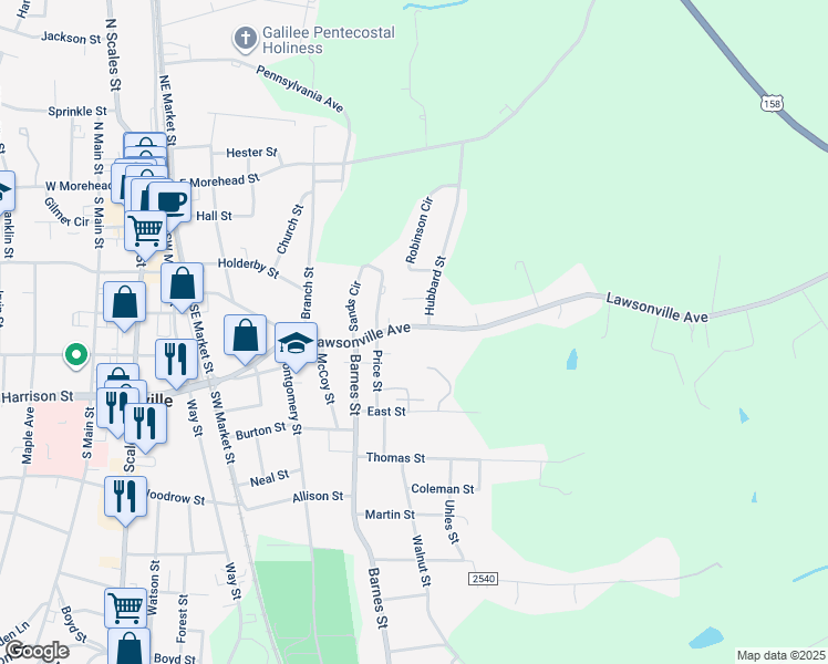map of restaurants, bars, coffee shops, grocery stores, and more near 715 Lawsonville Avenue in Reidsville