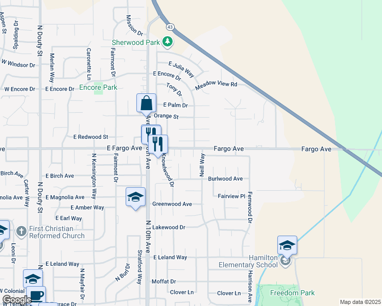 map of restaurants, bars, coffee shops, grocery stores, and more near 845 E Fargo Ave in Hanford