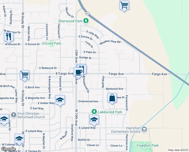 map of restaurants, bars, coffee shops, grocery stores, and more near 845 E Fargo Ave in Hanford