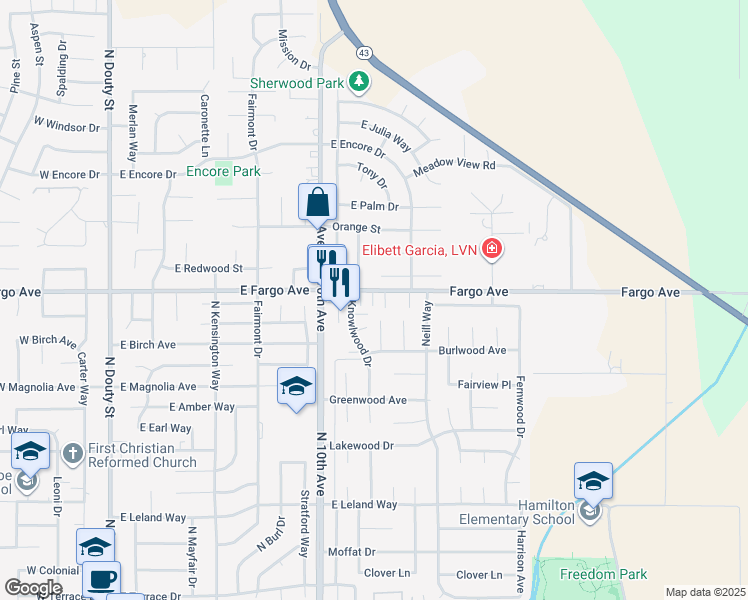 map of restaurants, bars, coffee shops, grocery stores, and more near 845 E Fargo Ave in Hanford