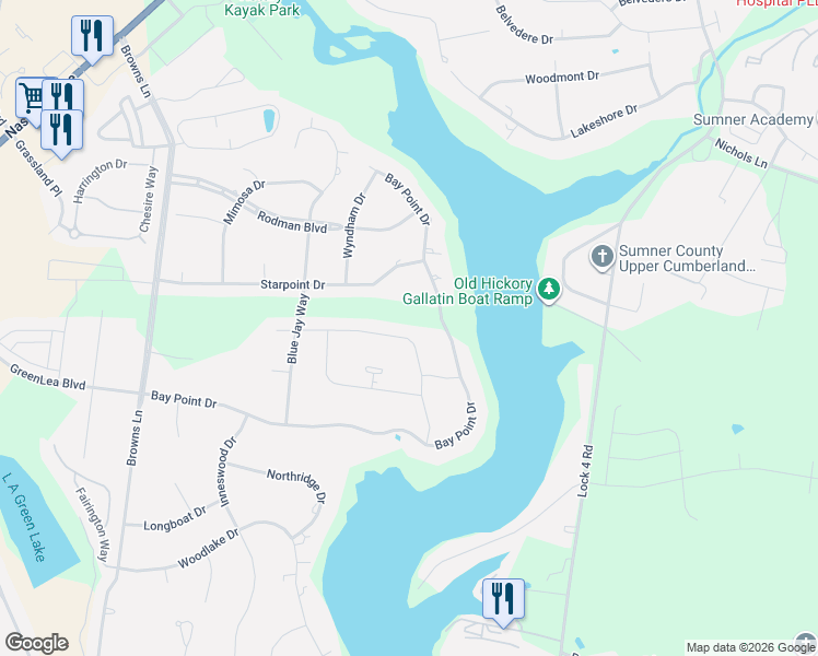 map of restaurants, bars, coffee shops, grocery stores, and more near 549 Bay Point Drive in Gallatin