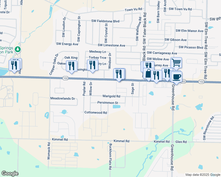 map of restaurants, bars, coffee shops, grocery stores, and more near Marigold Rd in Centerton