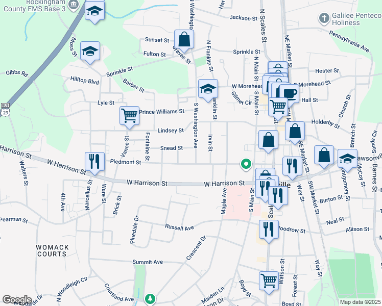 map of restaurants, bars, coffee shops, grocery stores, and more near 406 South Washington Avenue in Reidsville