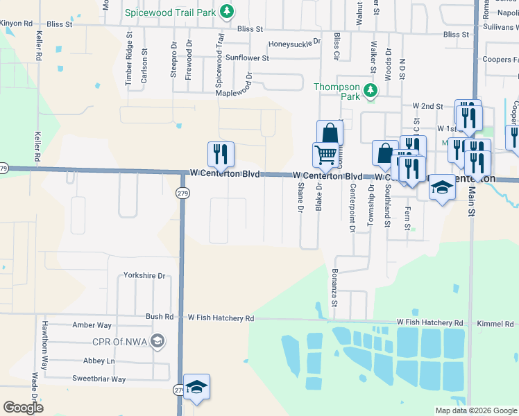 map of restaurants, bars, coffee shops, grocery stores, and more near 201 Dawn Drive in Centerton