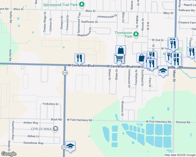 map of restaurants, bars, coffee shops, grocery stores, and more near 201 Dawn Dr in Centerton