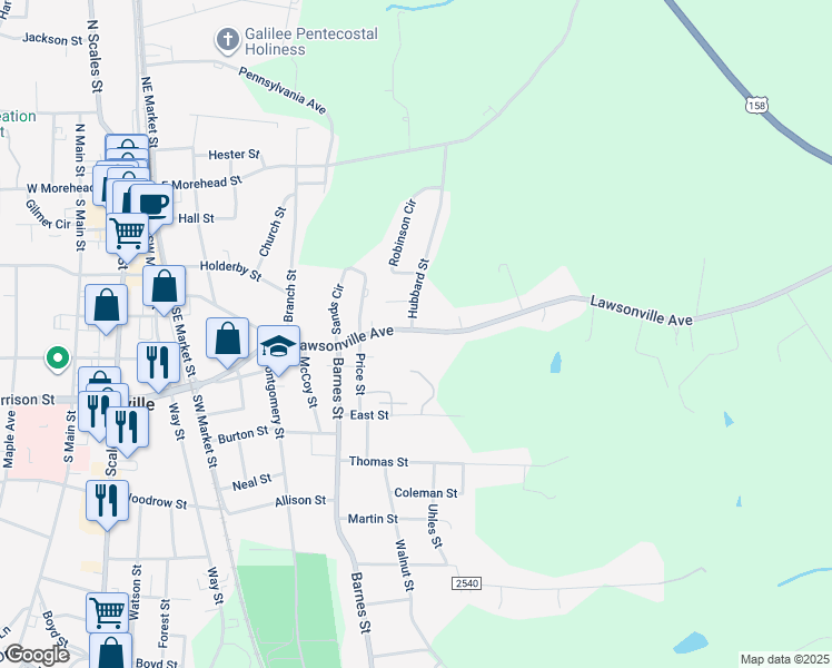 map of restaurants, bars, coffee shops, grocery stores, and more near 801 Lawsonville Ave in Reidsville