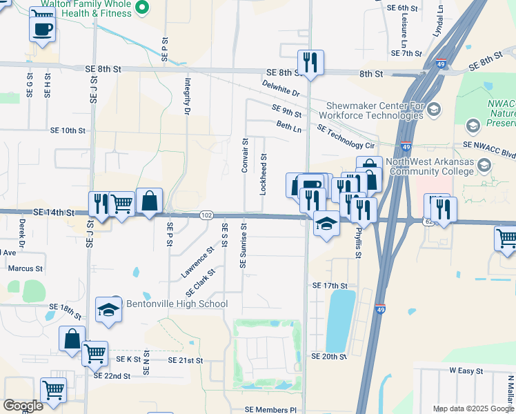 map of restaurants, bars, coffee shops, grocery stores, and more near 1308 Lockheed Street in Bentonville