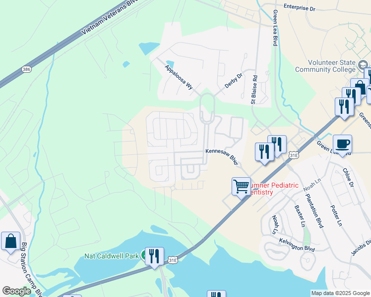 map of restaurants, bars, coffee shops, grocery stores, and more near 1110 Kennesaw Boulevard in Gallatin