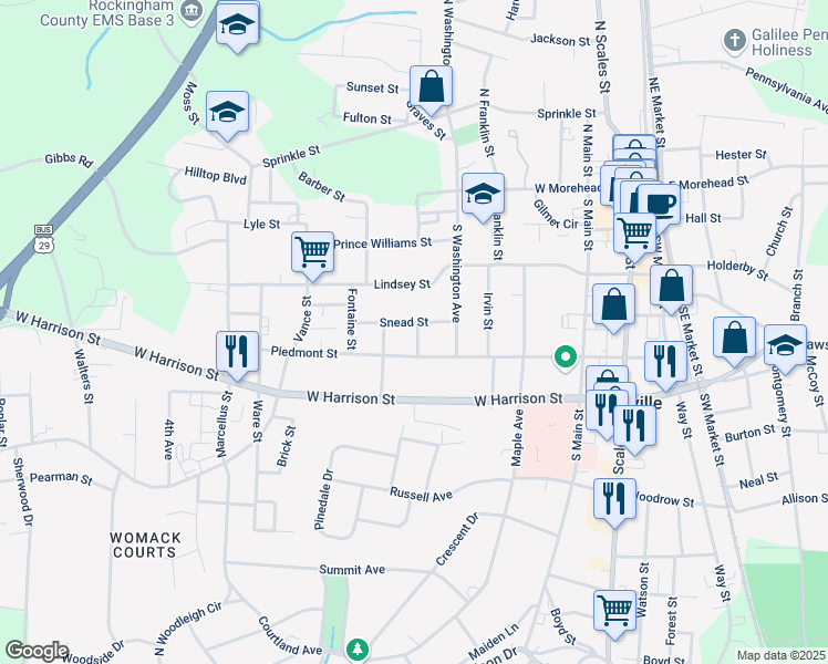map of restaurants, bars, coffee shops, grocery stores, and more near 404 Michael Street in Reidsville