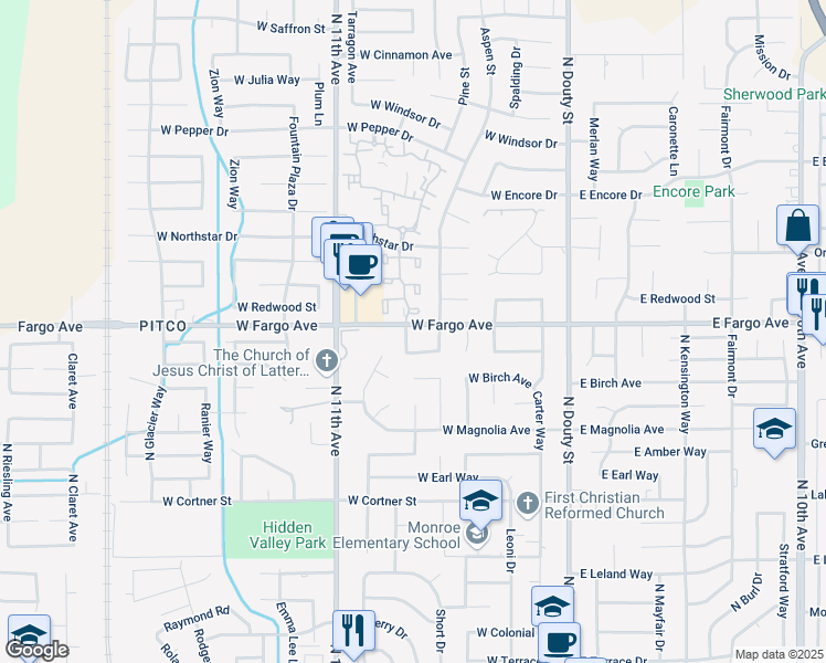 map of restaurants, bars, coffee shops, grocery stores, and more near 2497 Fir Lane in Hanford