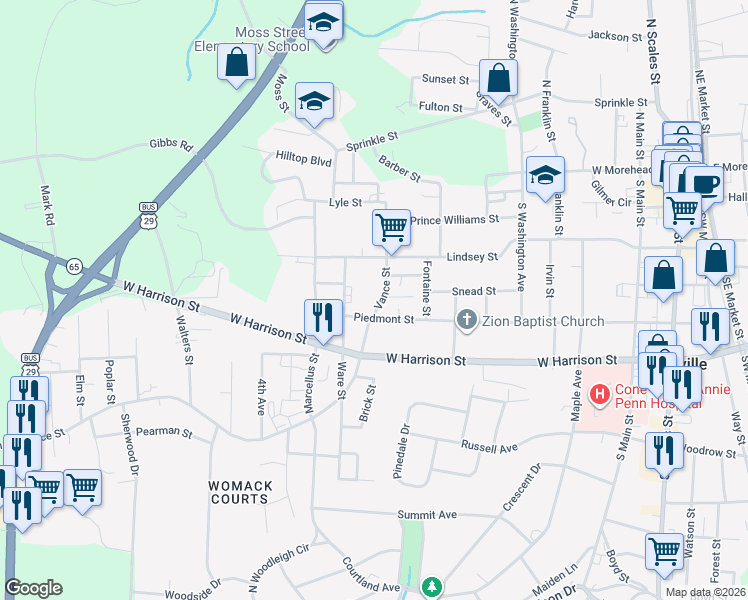 map of restaurants, bars, coffee shops, grocery stores, and more near 514 Vance Street in Reidsville