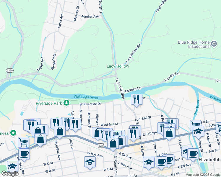 map of restaurants, bars, coffee shops, grocery stores, and more near 19 Lovers Lane in Elizabethton
