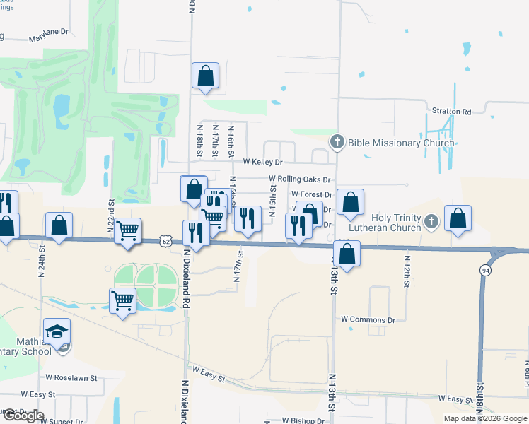 map of restaurants, bars, coffee shops, grocery stores, and more near 1504 West Acorn Drive in Rogers