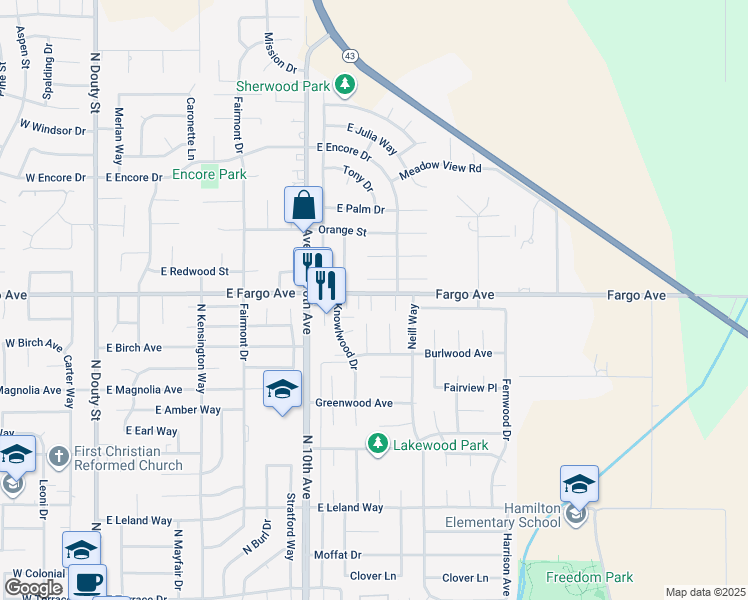 map of restaurants, bars, coffee shops, grocery stores, and more near 845 East Fargo Avenue in Hanford