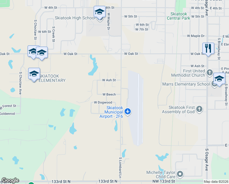 map of restaurants, bars, coffee shops, grocery stores, and more near 1111 West Beech Street in Skiatook