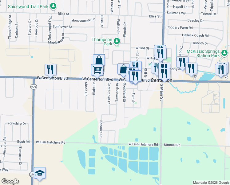 map of restaurants, bars, coffee shops, grocery stores, and more near 203 Township Drive in Centerton