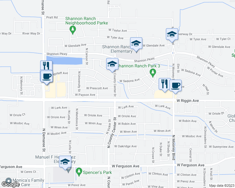 map of restaurants, bars, coffee shops, grocery stores, and more near 3025 North Linda Vista Court in Visalia