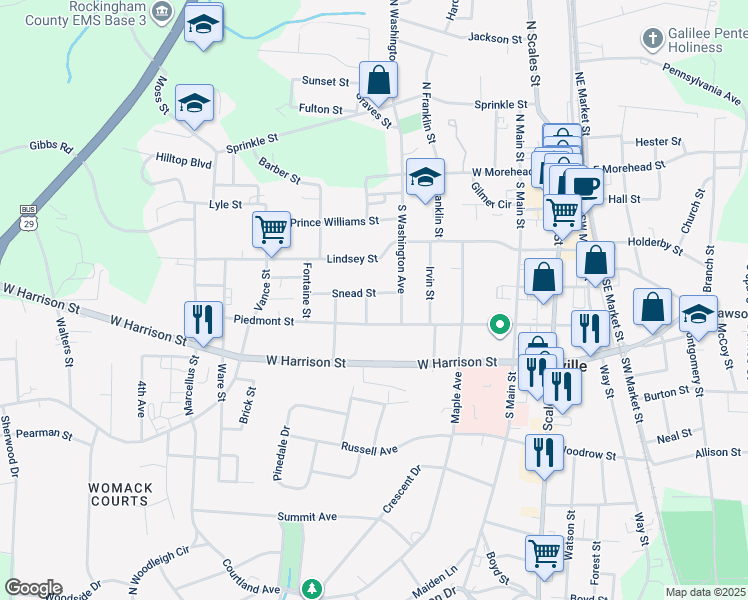 map of restaurants, bars, coffee shops, grocery stores, and more near 613 Snead Street in Reidsville