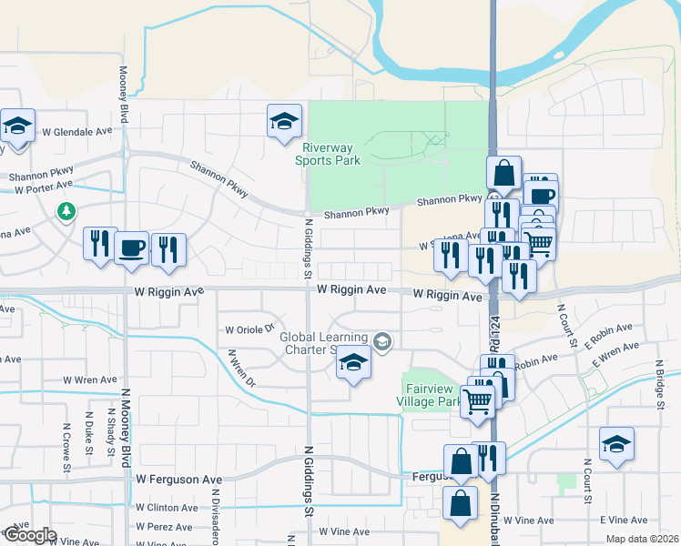 map of restaurants, bars, coffee shops, grocery stores, and more near 1109-1125 West Riggin Avenue in Visalia