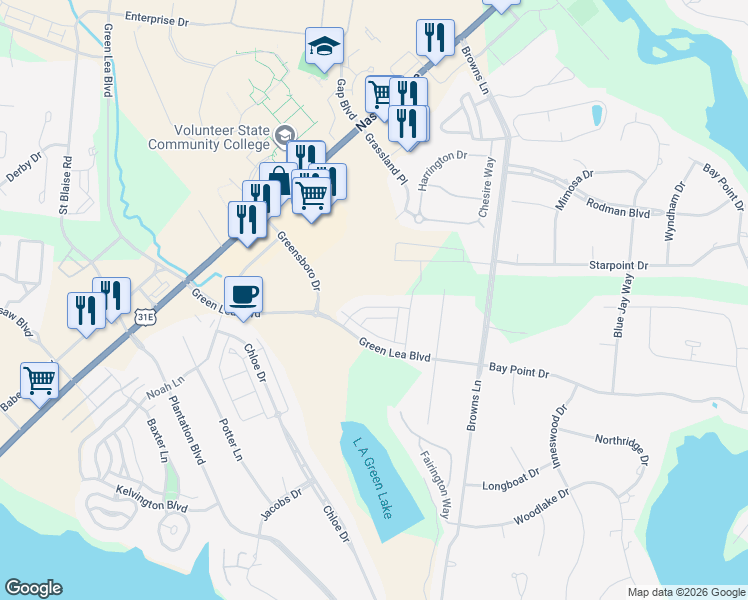 map of restaurants, bars, coffee shops, grocery stores, and more near 350 Madeira Place in Gallatin