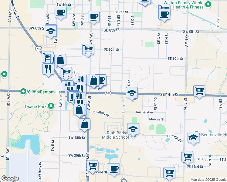 map of restaurants, bars, coffee shops, grocery stores, and more near 1313 Southeast Benton Street in Bentonville