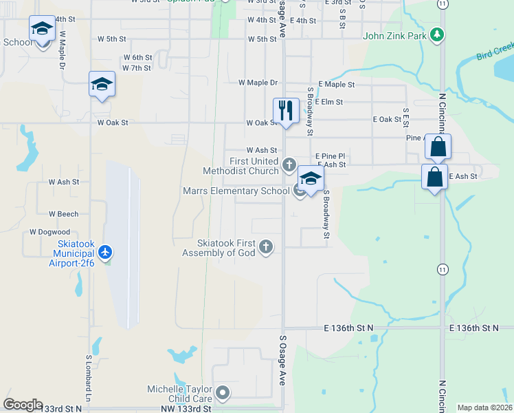 map of restaurants, bars, coffee shops, grocery stores, and more near 139 W Chestnut Pl in Skiatook
