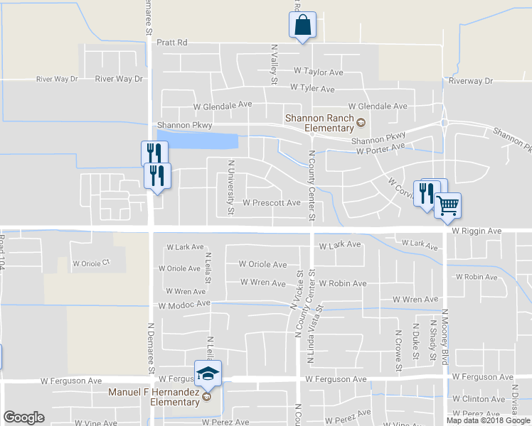map of restaurants, bars, coffee shops, grocery stores, and more near 2914 West Payson Avenue in Visalia