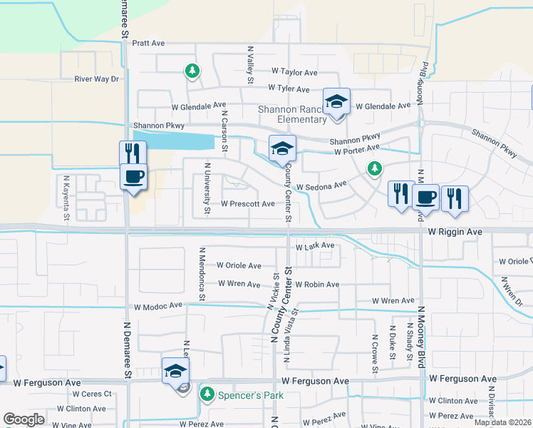 map of restaurants, bars, coffee shops, grocery stores, and more near 2831 Payson Avenue in Visalia