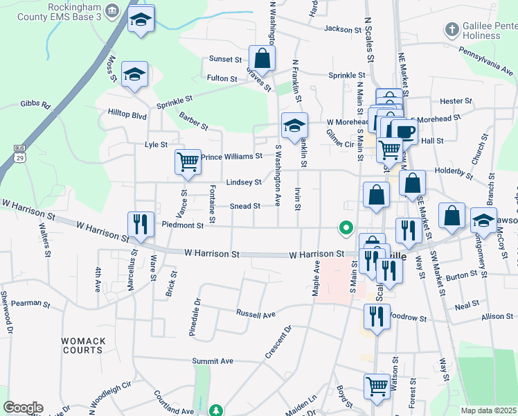 map of restaurants, bars, coffee shops, grocery stores, and more near 613 Snead Street in Reidsville