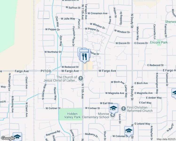 map of restaurants, bars, coffee shops, grocery stores, and more near 620 West Fargo Avenue in Hanford