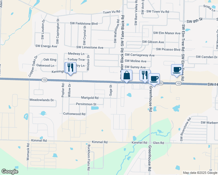 map of restaurants, bars, coffee shops, grocery stores, and more near 120 Sage Street in Centerton
