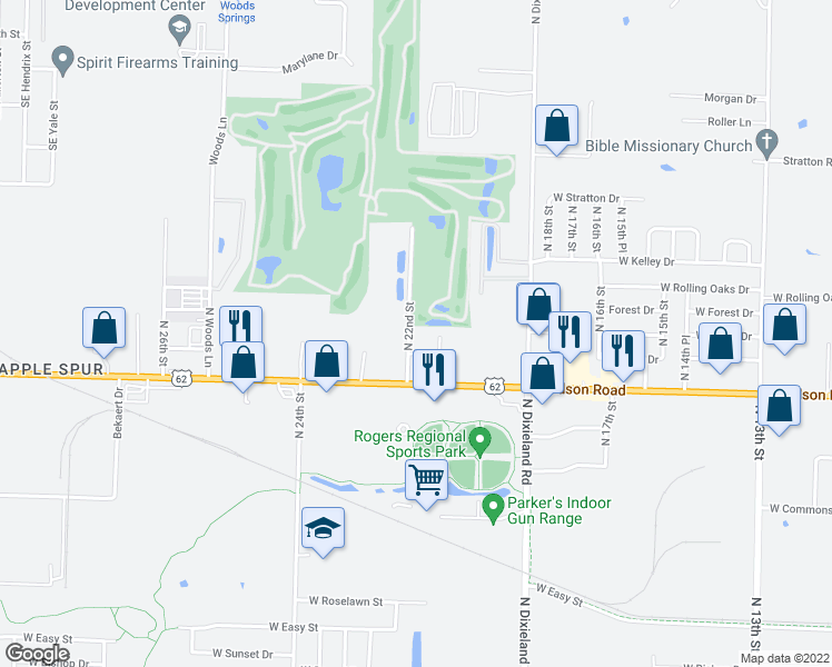 map of restaurants, bars, coffee shops, grocery stores, and more near 2503 North 22nd Street in Rogers
