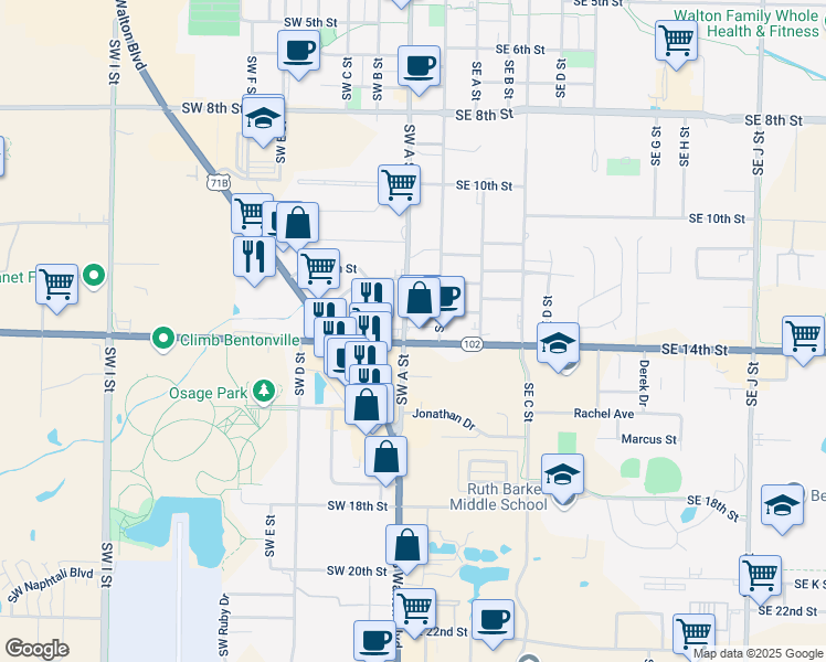 map of restaurants, bars, coffee shops, grocery stores, and more near 100 Southwest 14th Street in Bentonville
