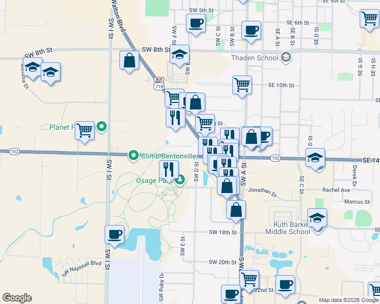 map of restaurants, bars, coffee shops, grocery stores, and more near 502 Arkansas 102 in Bentonville